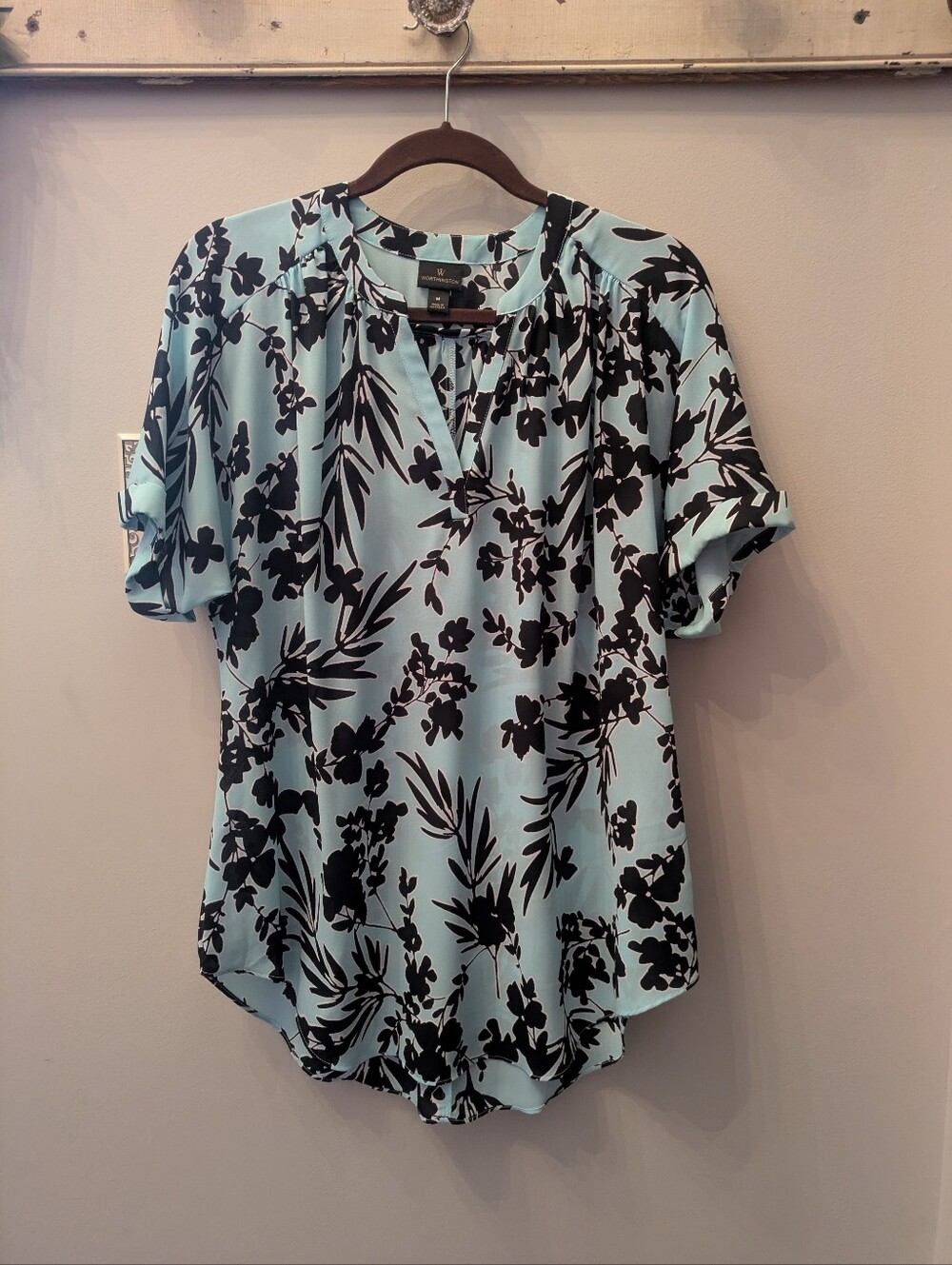Worthington Light Blue and Black Floral Short-Sleeve Blouse